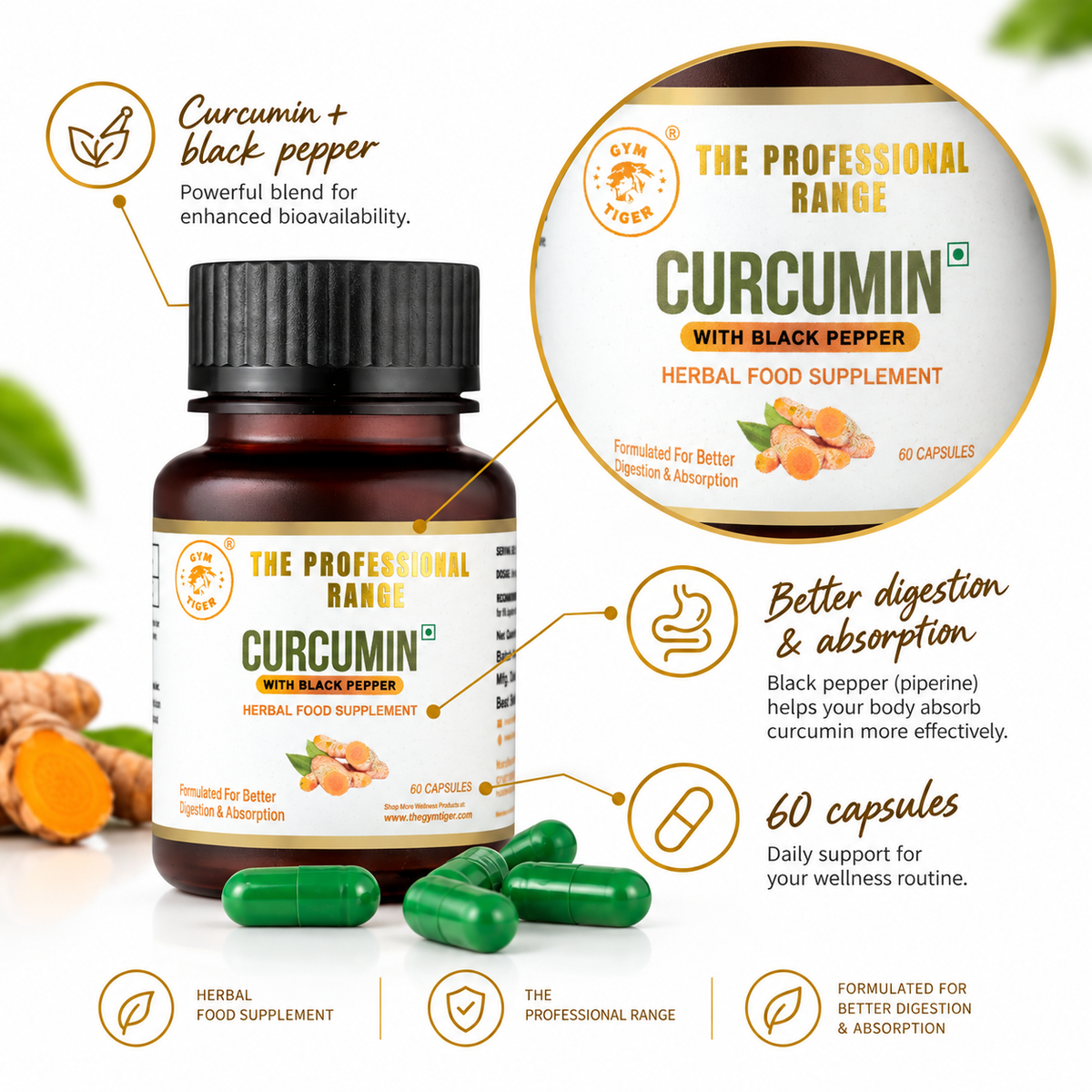 Turmeric & Black Pepper Capsules | Curcumin 95% | 60 Capsules