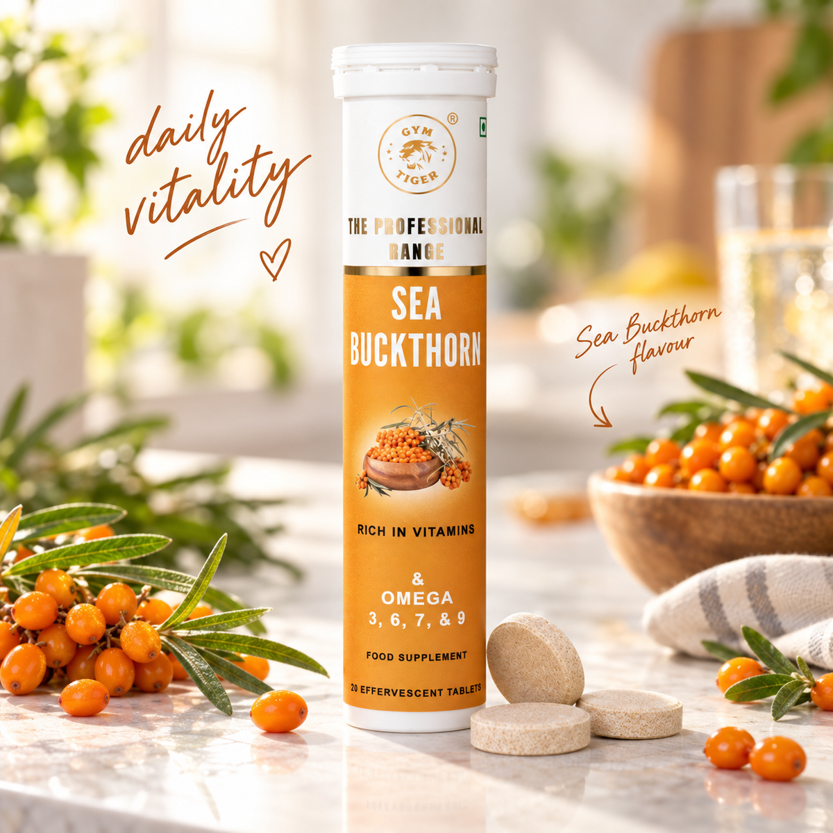 Himalayan Sea Buckthorn | Vitamin C Effervescent Tablets | Hippophae rhamnoides | Omega fatty acids (3, 6, 7 & 9) | 20 Tablets