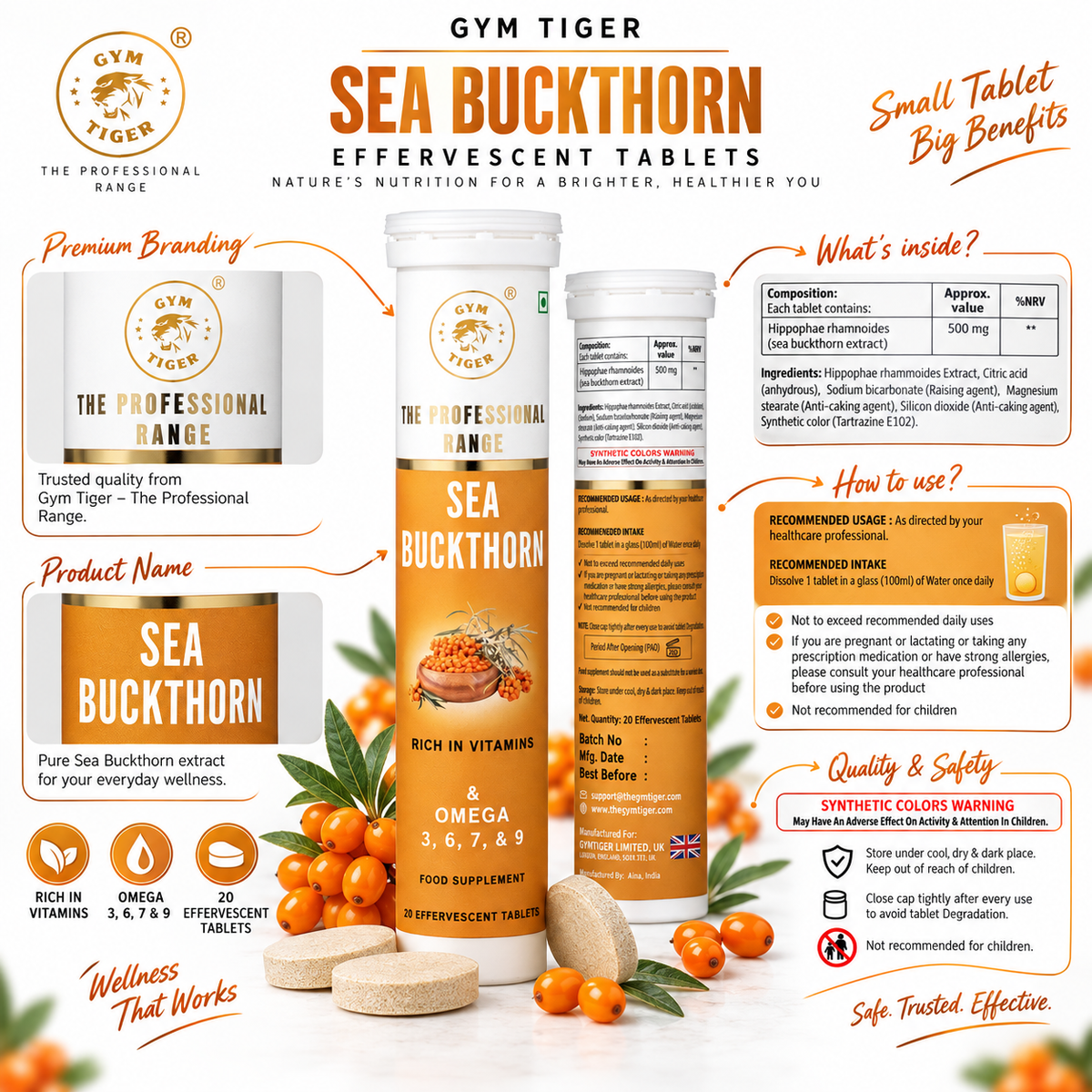 Himalayan Sea Buckthorn | Vitamin C Effervescent Tablets | Hippophae rhamnoides | Omega fatty acids (3, 6, 7 & 9) | 20 Tablets