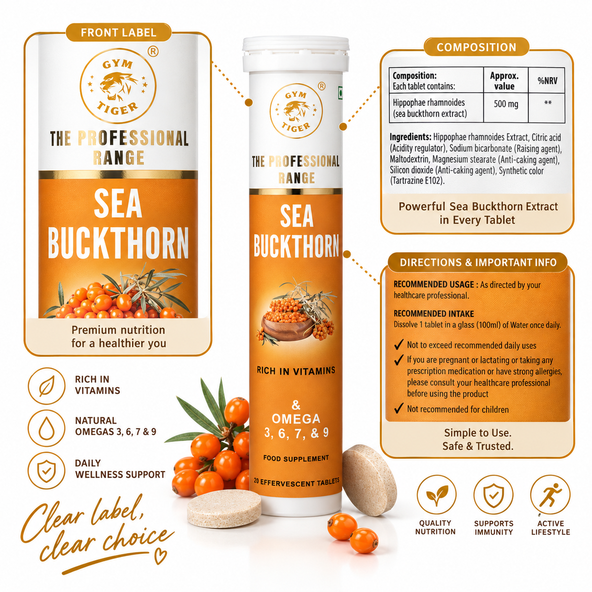 Himalayan Sea Buckthorn | Vitamin C Effervescent Tablets | Hippophae rhamnoides | Omega fatty acids (3, 6, 7 & 9) | 20 Tablets