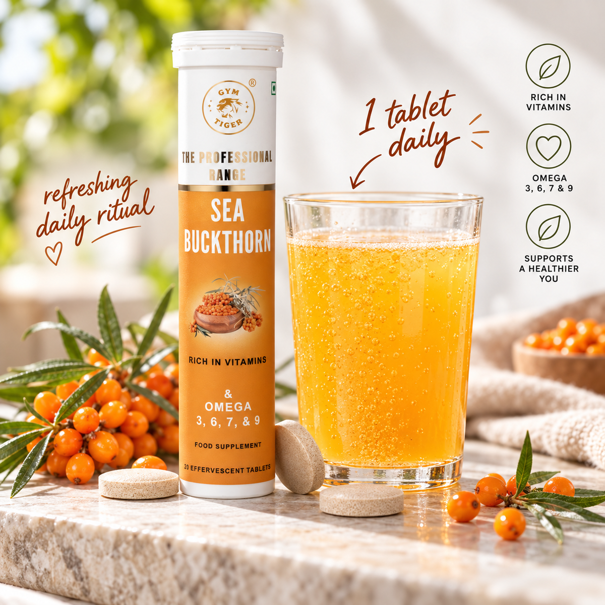 Himalayan Sea Buckthorn | Vitamin C Effervescent Tablets | Hippophae rhamnoides | Omega fatty acids (3, 6, 7 & 9) | 20 Tablets