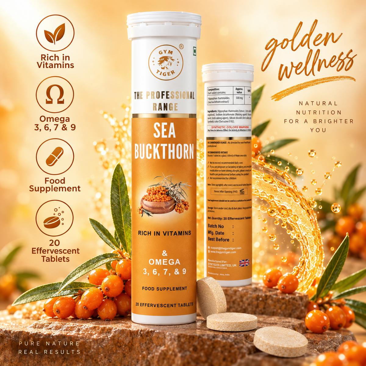 Himalayan Sea Buckthorn | Vitamin C Effervescent Tablets | Hippophae rhamnoides | Omega fatty acids (3, 6, 7 & 9) | 20 Tablets